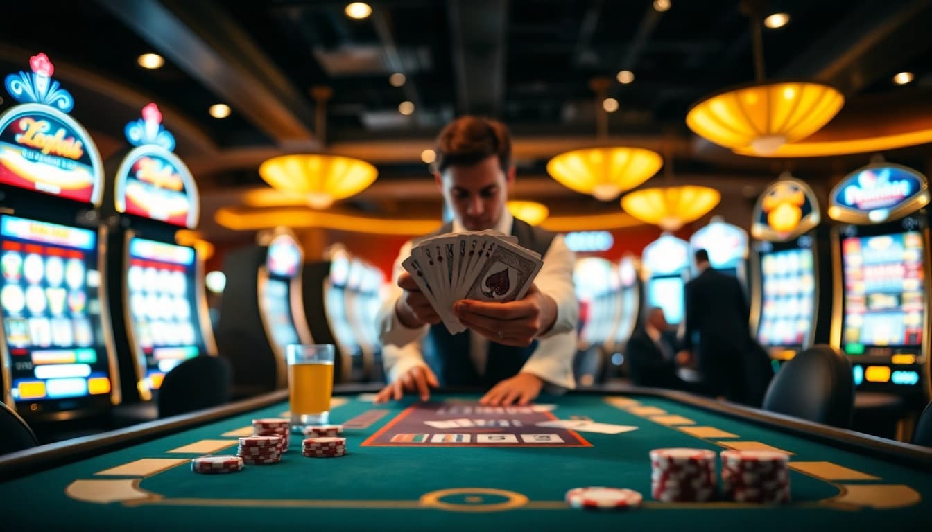 Bermain situs pgbet dengan dealer kasino gesit di meja permainan yang cerah.
