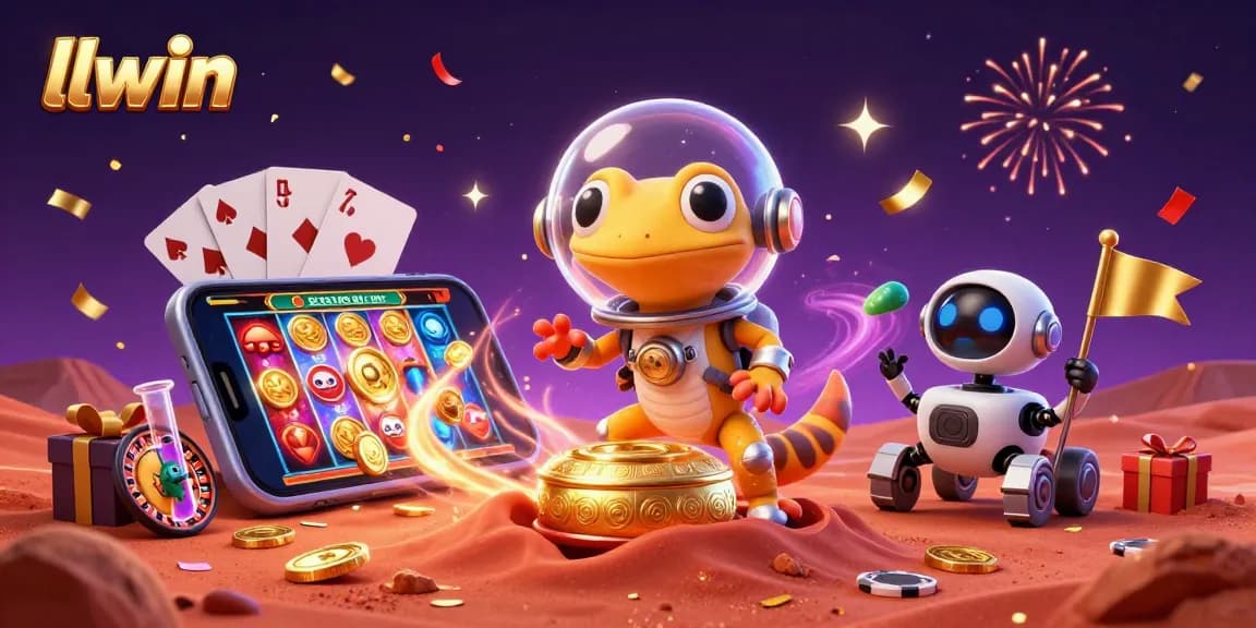 Experience the thrill of llwin with a fun Martian gecko discovering a golden casino in this vibrant 3D illustration.