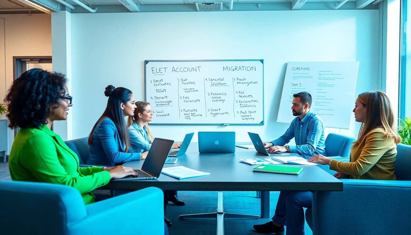 Migraine business electricity accounts process when moving to a new premise with a team in a modern office.