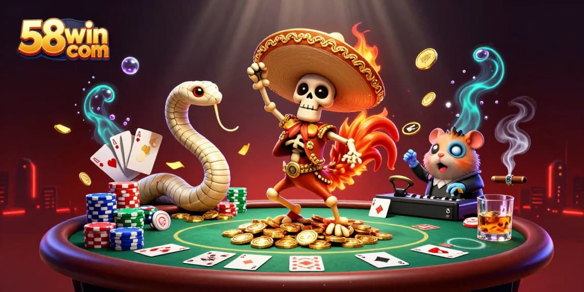 Experience thrilling wins at 58win com with a vibrant casino illustration featuring unique characters and exciting gameplay.