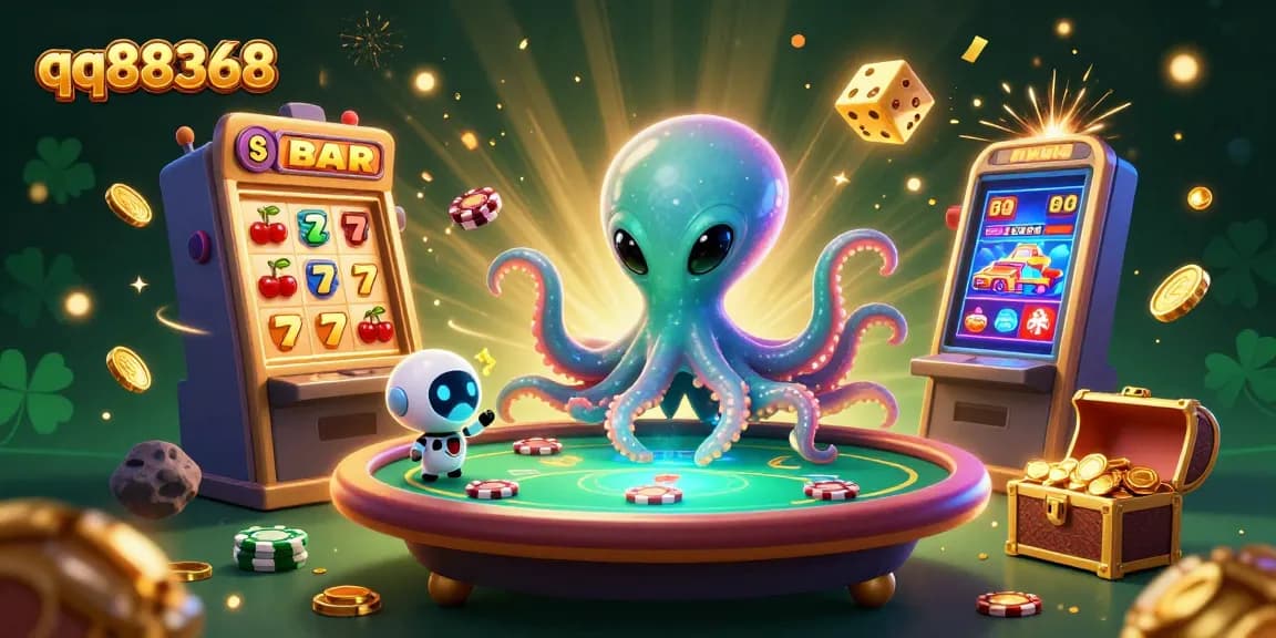 Play exciting casino games with qq88368, featuring a vibrant 3D scene of characters and winning symbols.
