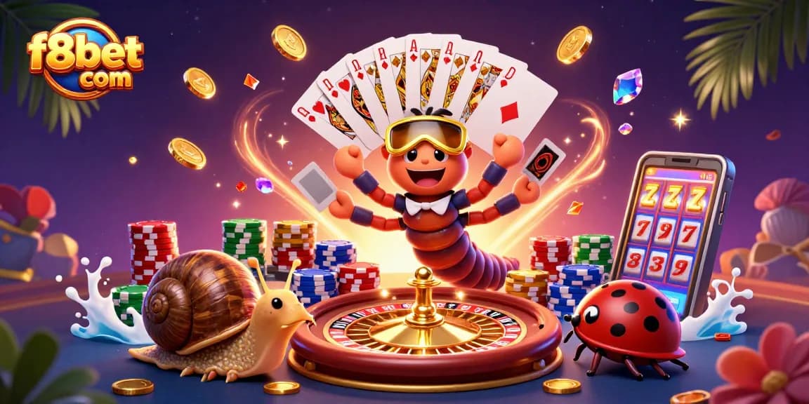 Experience casino excitement with f8bet com in a colorful, dynamic illustration featuring dealer characters and vibrant gaming elements.