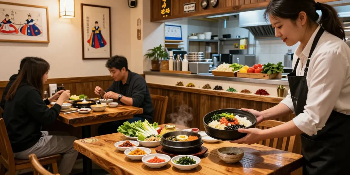 다른 손님들과 함께 즐기는 비빔밥의 정통 경험을 제공하는 부평옵의 아늑한 레스토랑 테이블