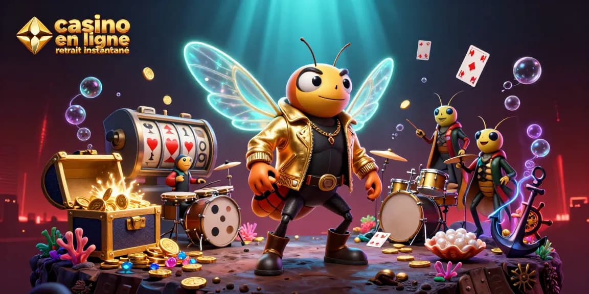 Visuel captivant de casino en ligne retrait instantané avec des personnages animés jouant des machines à sous.