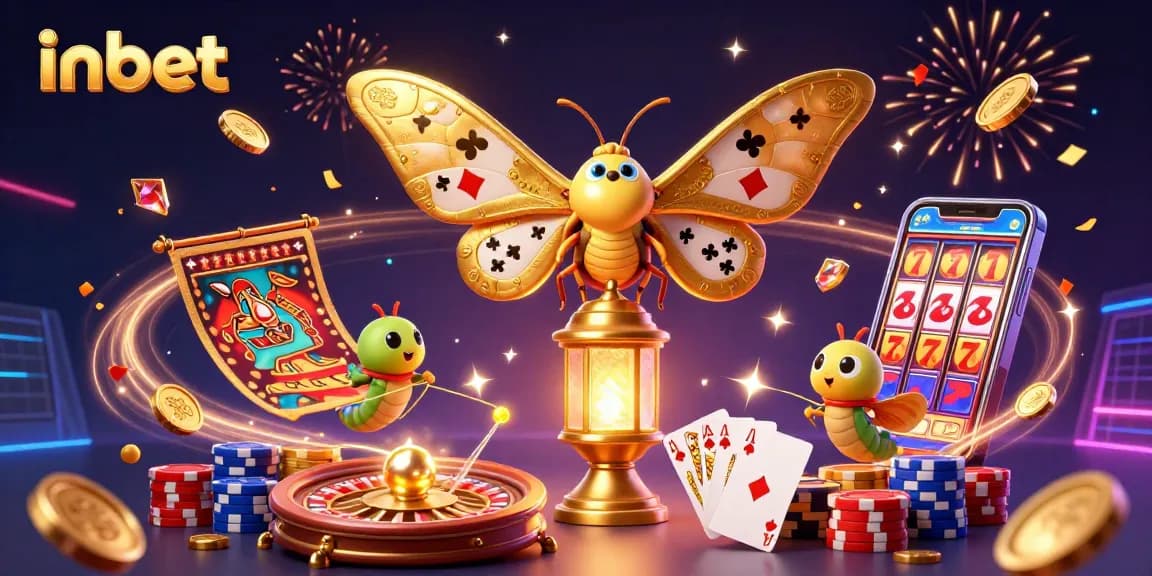 Win big with inbet: 3D casino scene featuring vibrant games, golden coins, and festive celebrations.