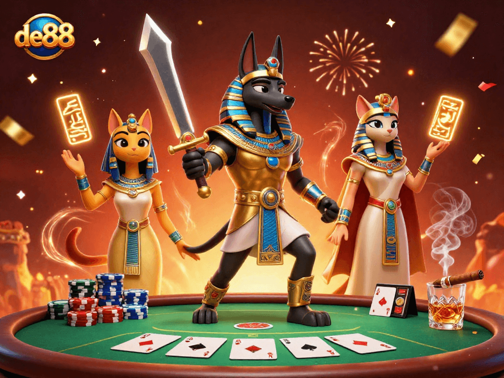 Experience the thrill of poker with de88 featuring Anubis and Bastet in an exhilarating casino scene.
