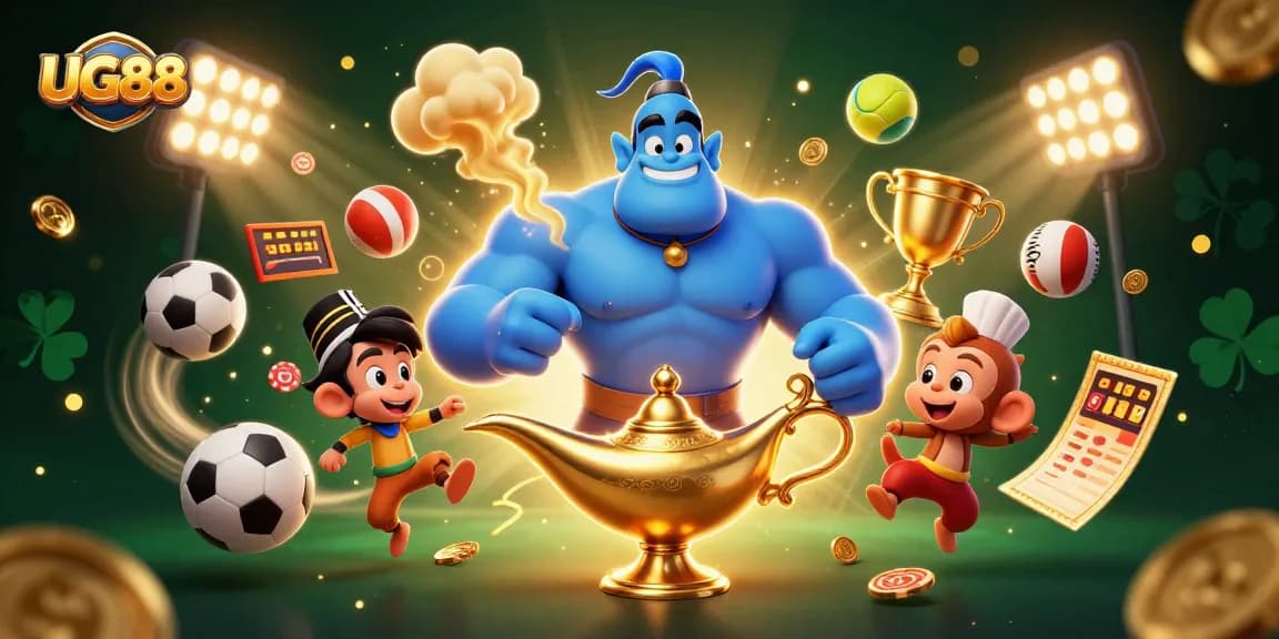 Join the excitement at UG88 with a dynamic casino scene showcasing sports betting elements and vibrant characters.