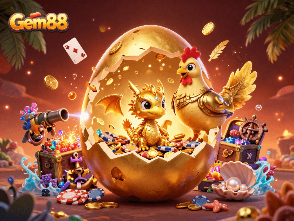 Engage with Gem88 as a golden dragon emerges from a colossal egg, nestled among poker chips.