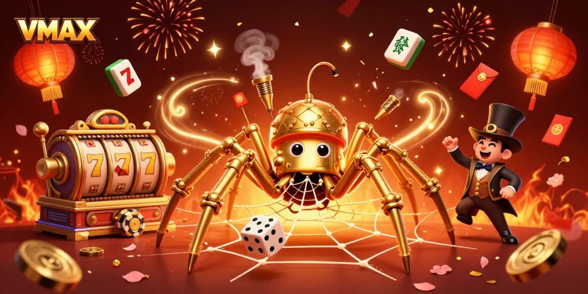 Experience thrilling wins with VMAX in this dynamic casino scene featuring a steampunk spider catching dice.