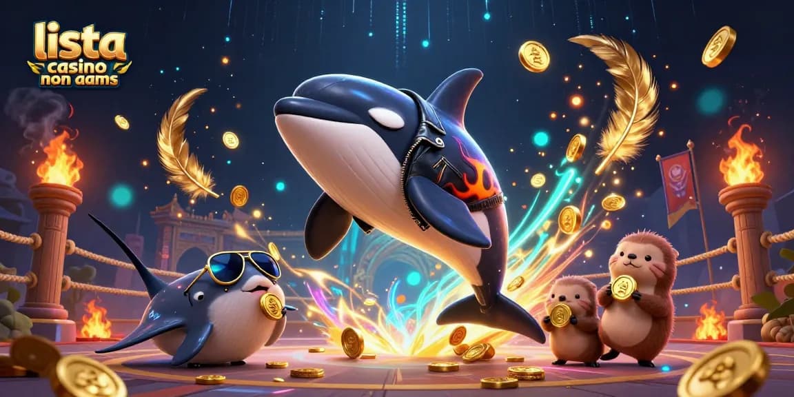 Scopri la lista casino non AAMS, con un orca biker e amici con monete d'oro in un ambiente di gioco vibrante.