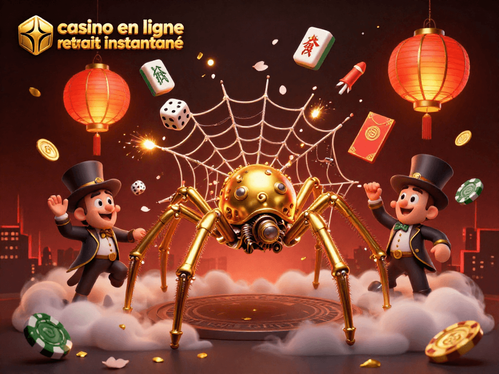 Découvrez le casino en ligne retrait instantané avec une illustration captivante de jeux et personnages de casino.