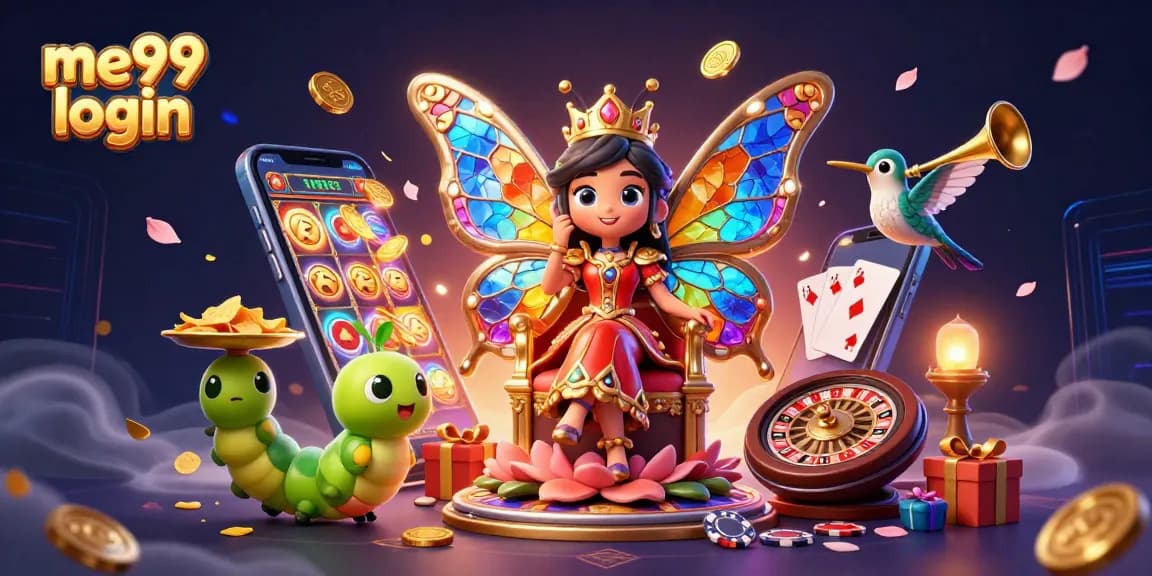 Experience seamless me99 login with vibrant casino-themed characters and elements illustrating fun games.