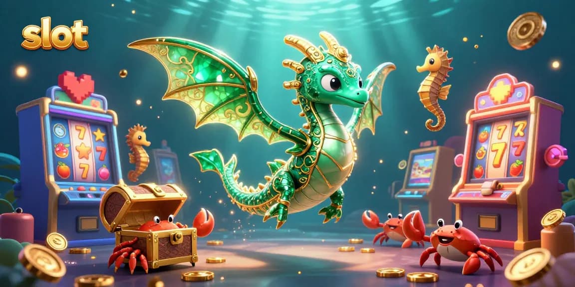 Spin the slot reels with vibrant casino-themed elements featuring emerald sea creatures and treasure.
