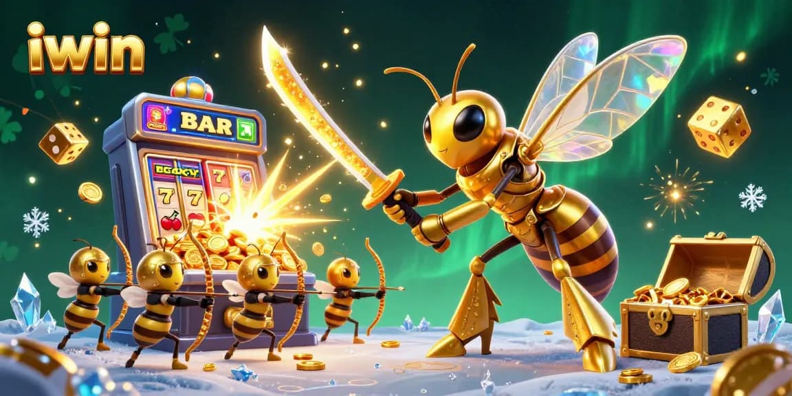 Experience excitement with iwin in a vibrant 3D casino scene featuring a golden hornet and slot machines.
