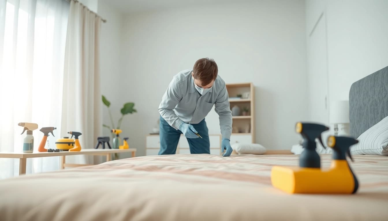 Bed bug exterminators applying treatment effectively in a modern bedroom.