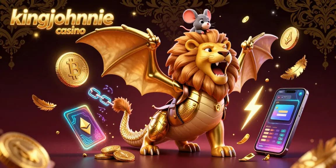 Experience the thrill at kingjohnnie casino with a vibrant 3D illustration showcasing a golden chimera and crypto elements.