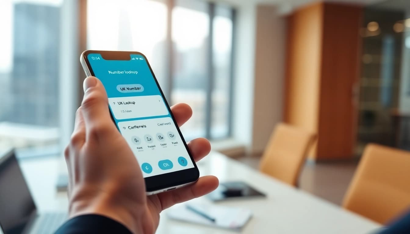 Effortlessly conduct a uk number lookup using a smartphone in a modern workspace.