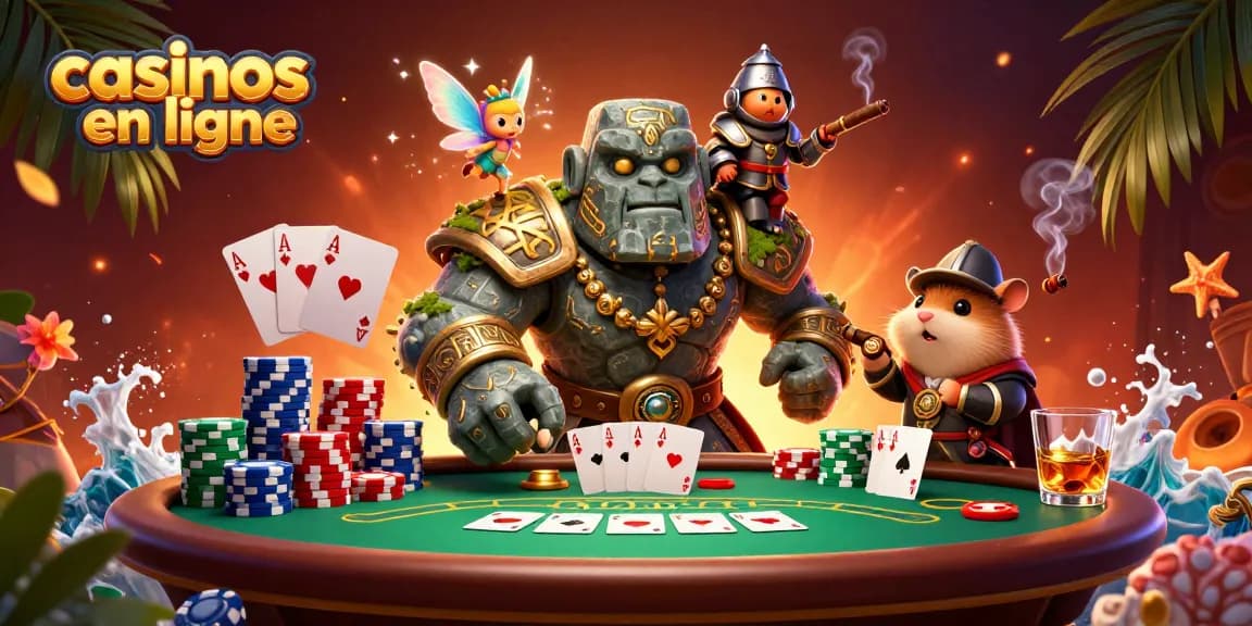 Vivez l'excitation des casinos en ligne avec des personnages colorés autour d'une table de poker animée.