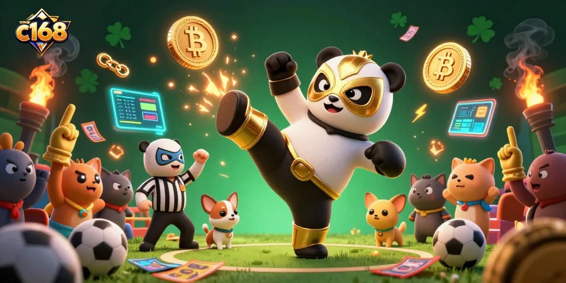 C168 showcases intense sports betting action with a vibrant panda wrestler, referee, and cheering animal crowd.