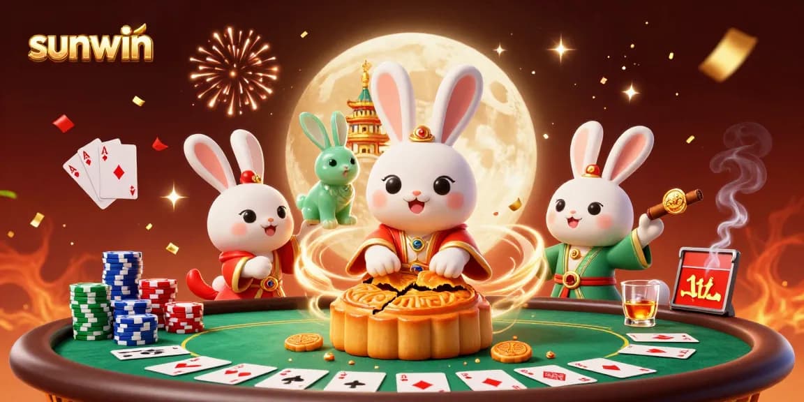 Experience sunwin with lively moon rabbits celebrating casino wins in a vibrant 3D illustration.