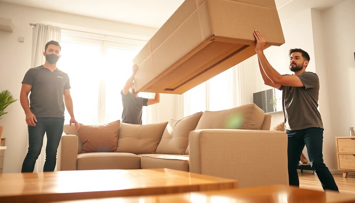 Lifting and loading movers skillfully transporting heavy furniture in a bright residential setting.