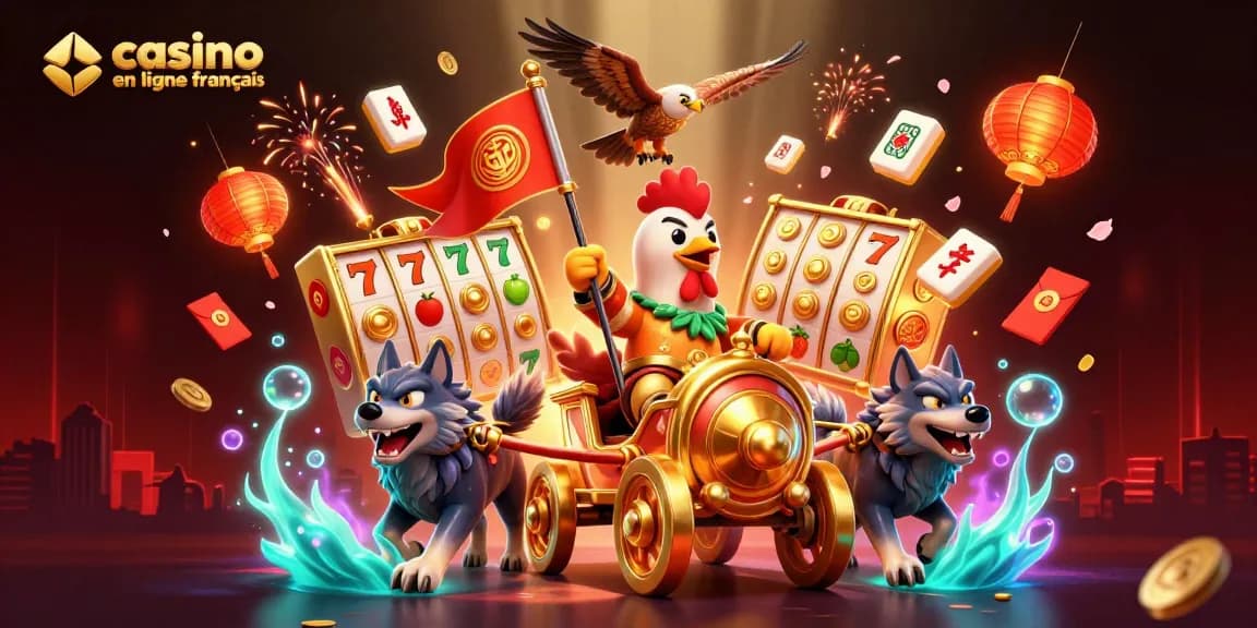 Illustration animée d'un casino en ligne français, avec un coq guerrier et des éléments de jeu captivants.
