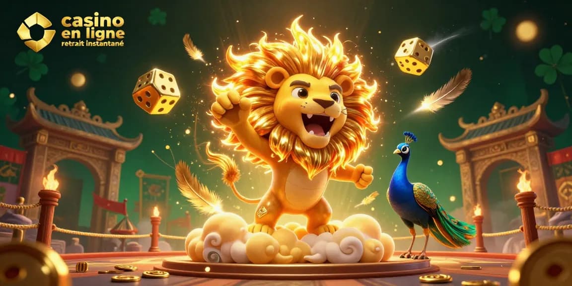 Expérimentez le plaisir des jeux dans un casino en ligne retrait instantané avec un lion flamboyant et des dés dorés.