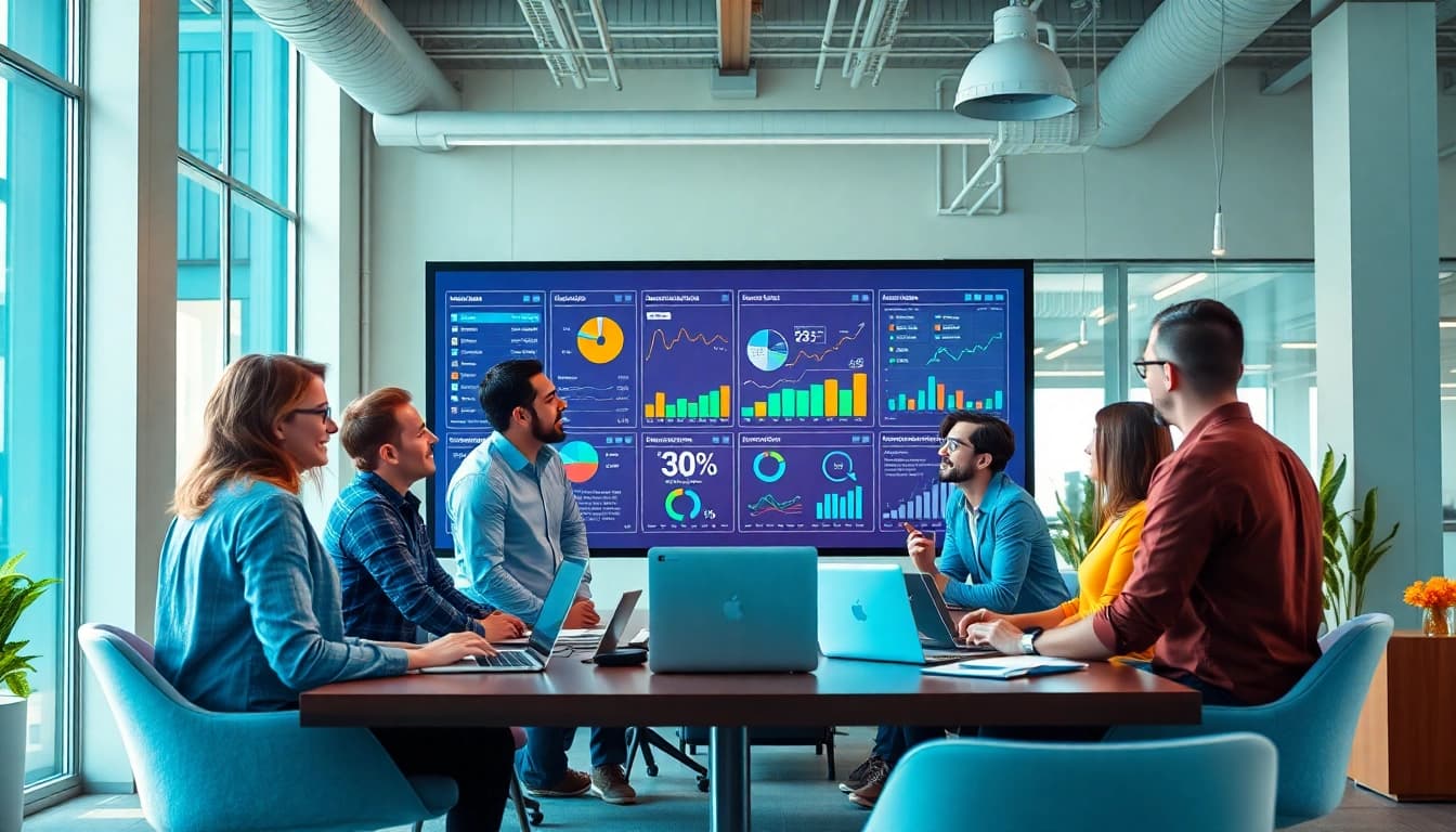 Leading digital marketing agency team collaborating on innovative strategies and analytics in an inspiring environment.