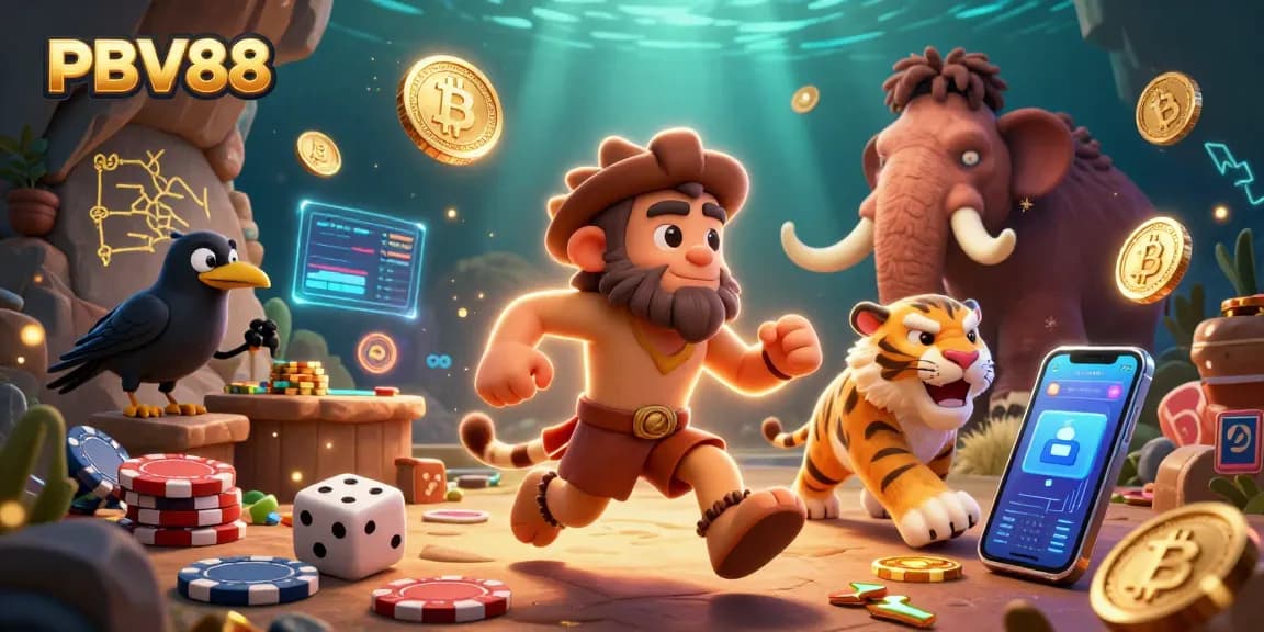 Experience thrilling gameplay at PBV88 with 3D caveman and tiger duo in a vibrant casino setting.