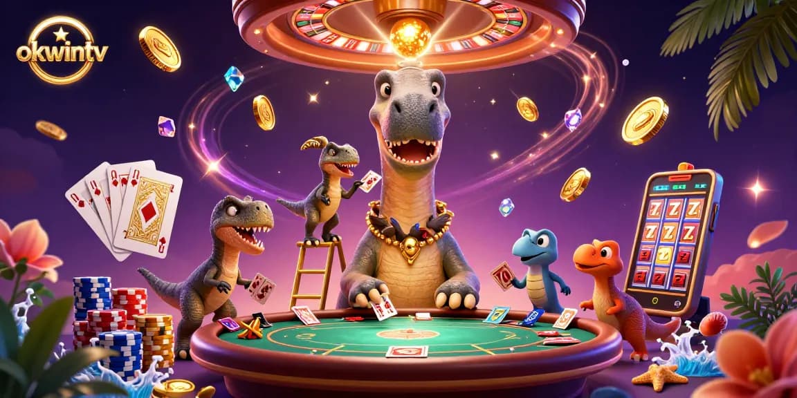 Experience the thrill at okwintv with a towering brontosaurus and lively gaming elements around.