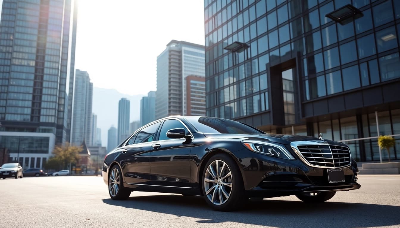 Experience a luxury vancouver car service with a sleek sedan in the heart of the city.