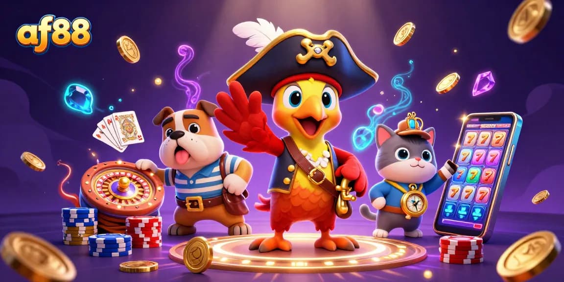 Experience winning excitement with AF88 as vibrant casino elements surround engaging 3D characters.