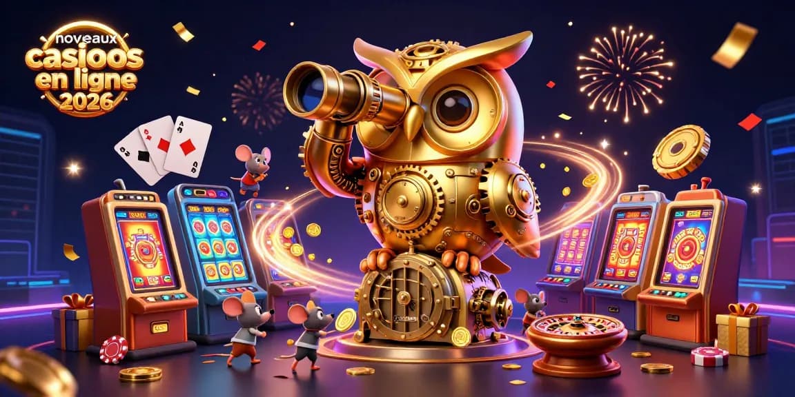 Illustration dynamique des nouveaux casinos en ligne 2026, avec un hibou d'or et des souris dans un casino animé.