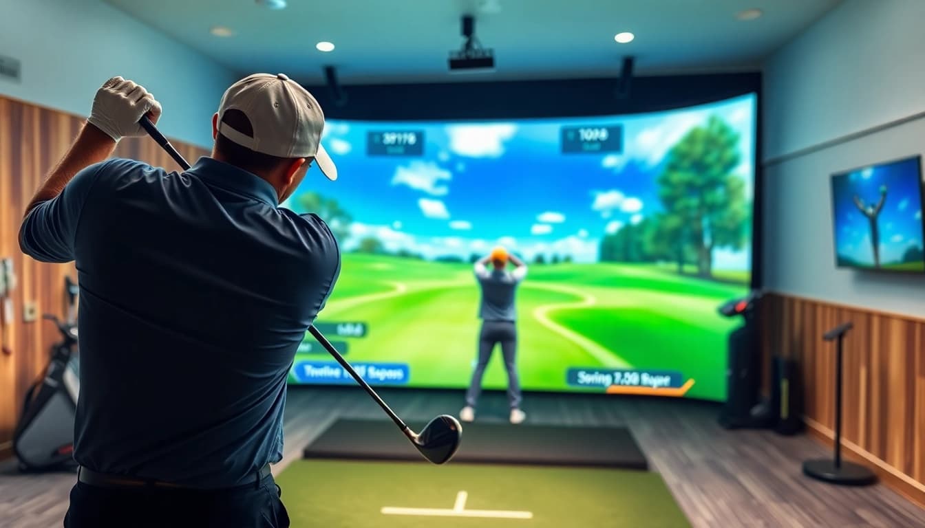 Golfer engaging with a simulator at TNGolfStation, visualizing a virtual course.