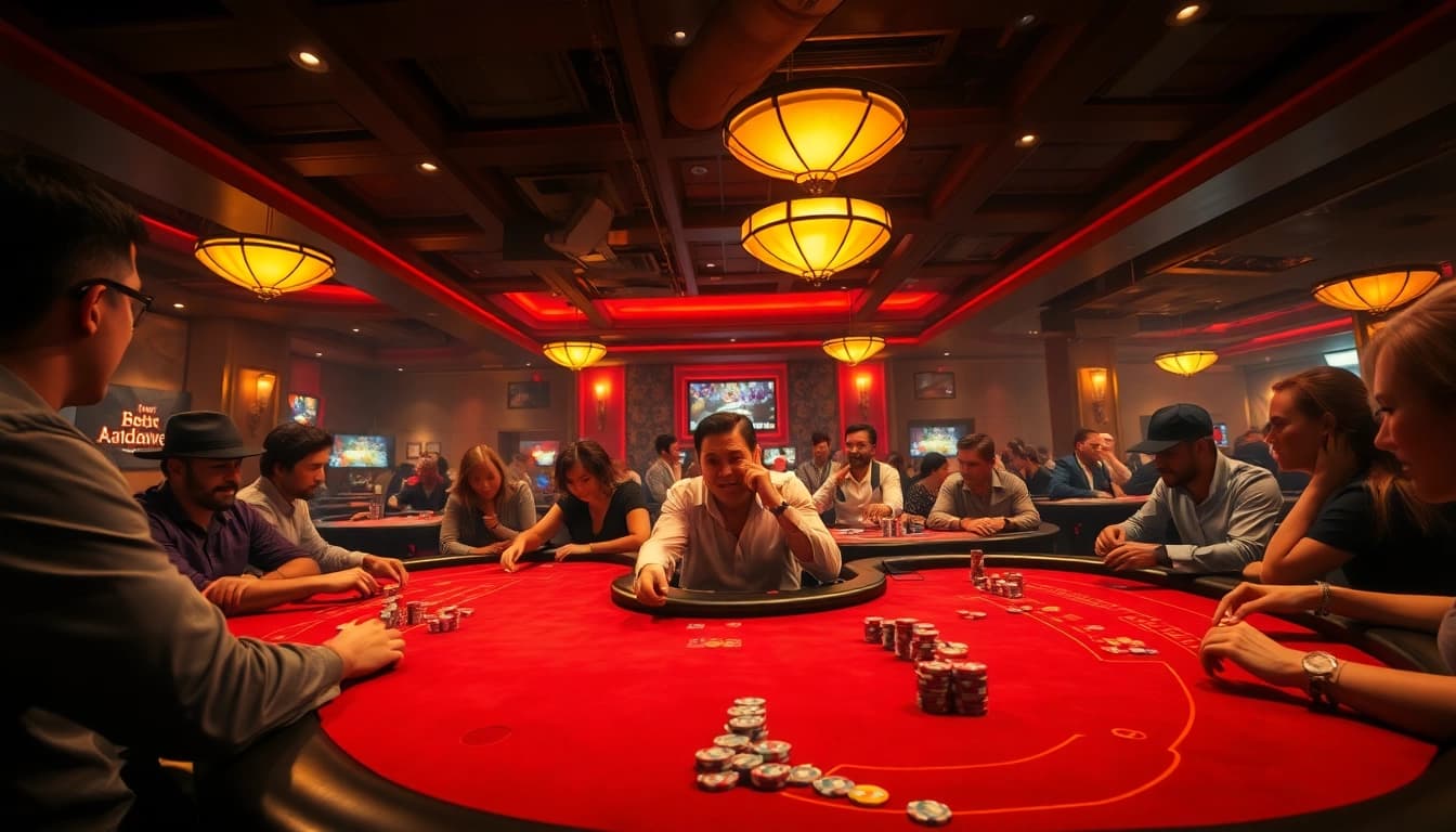 Permainan poker di agen89 dengan pemain yang penuh semangat dan lampu redup.