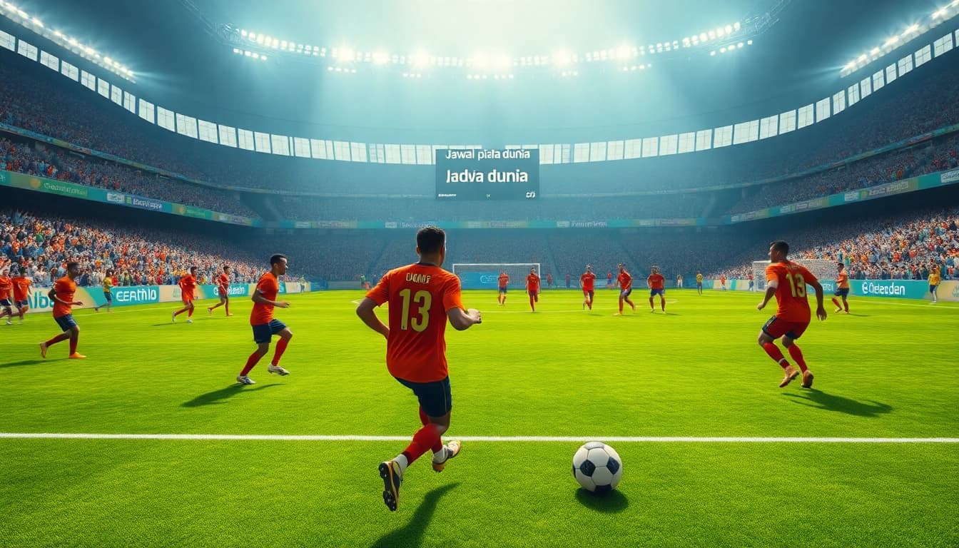 Jadwal piala dunia, aksi pertandingan sepak bola yang menegangkan di stadion dengan penonton meriah.
