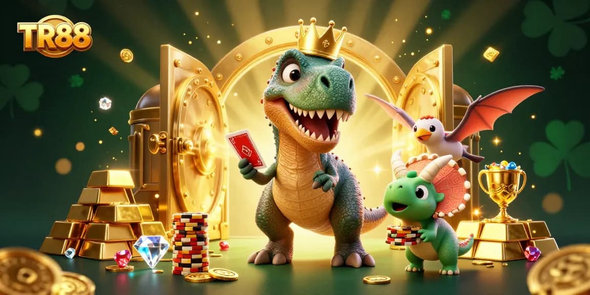 Engage with TR88's vibrant 3D casino scene featuring a friendly T-Rex, a pterodactyl, and colorful gaming elements.