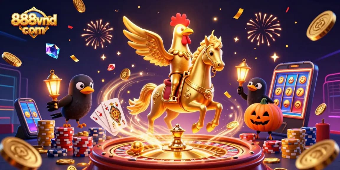 Experience thrilling action at 888vnd com with a vibrant casino scene featuring golden rooster and crow companions.