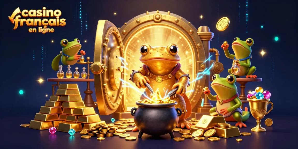 Illustration captivante pour casino français en ligne, alchimiste transformant des métaux en pièces d'or.