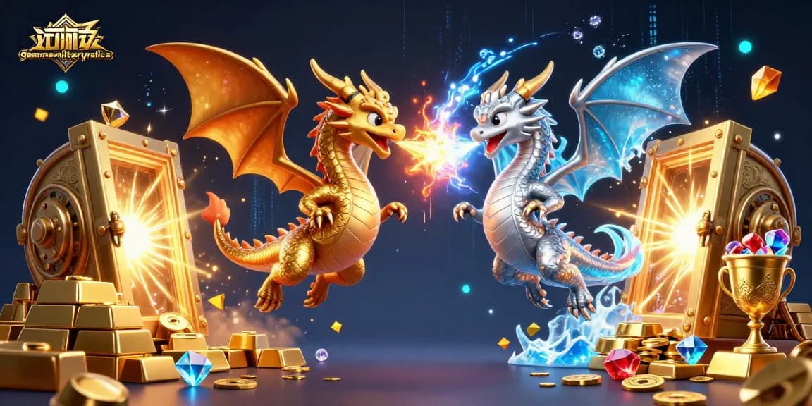 Engage with germanmilitaryrelics in a dynamic 3D illustration showcasing dual dragons and rich casino treasures.