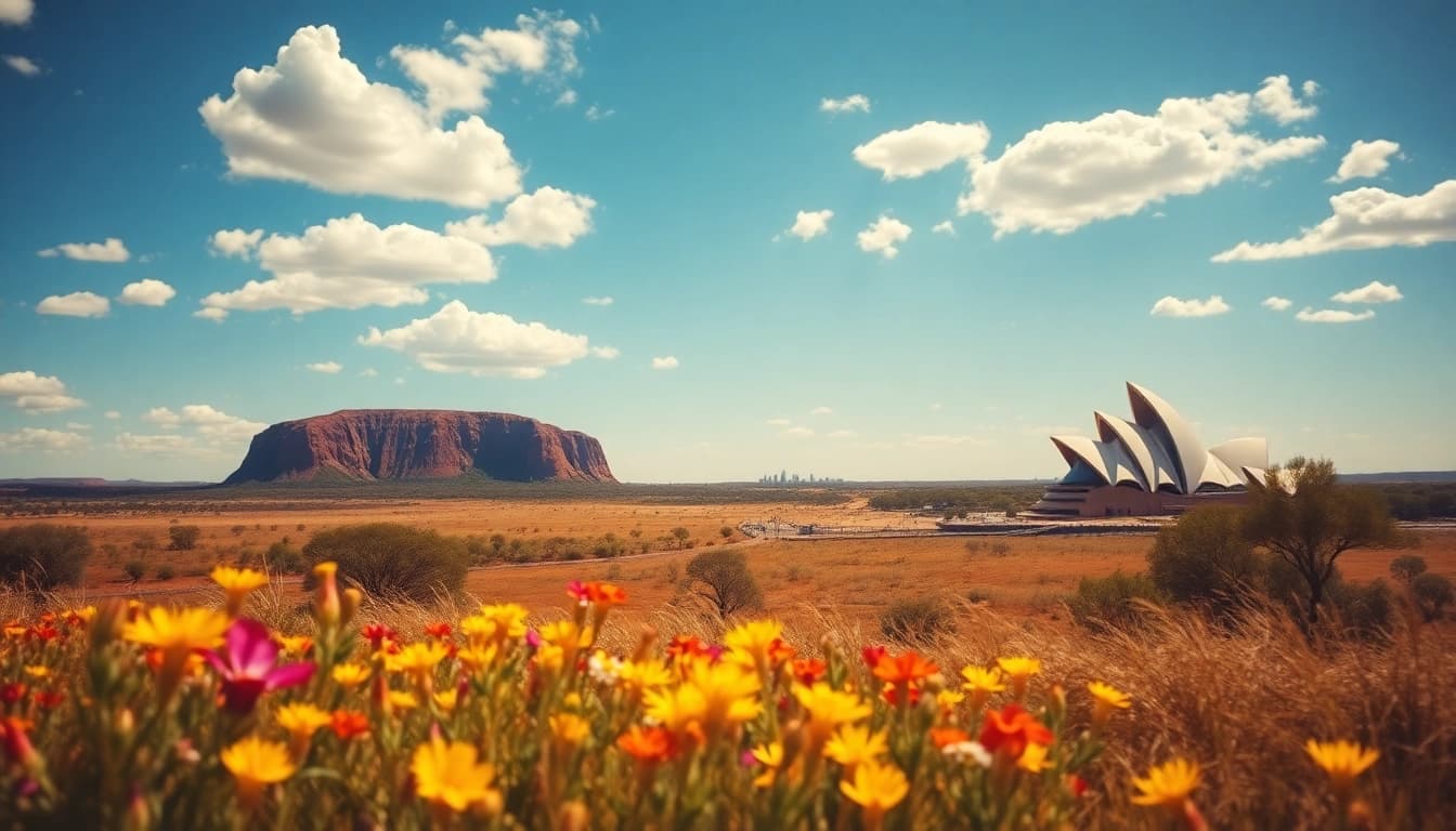 Captivating view of Australia's outback with Uluru and bright wildflowers.