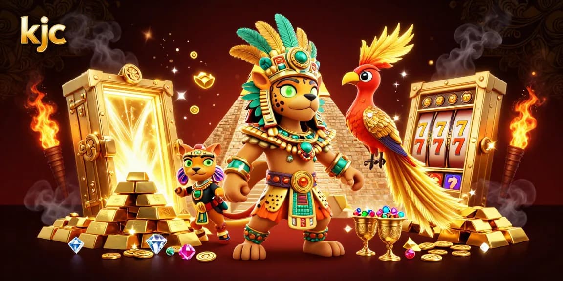 KJC gamblers experience dazzling wins with Mayan priest and treasures in a 3D casino scene.