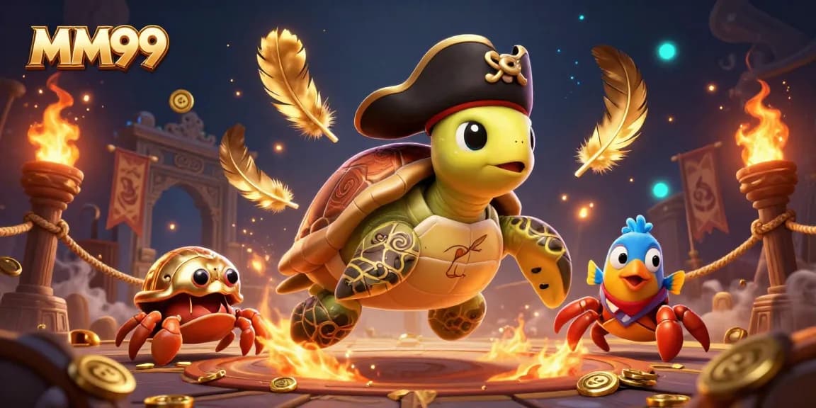 Experience thrilling gameplay with MM99’s pirate turtle, crab, and parrotfish in a vibrant 3D casino illustration.