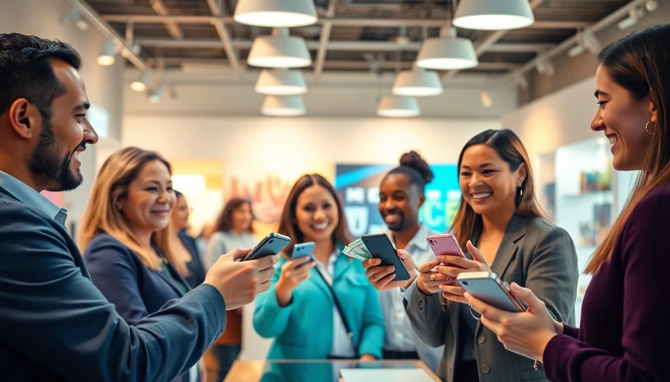 Get cash for phones with friendly customers exchanging devices in a modern store.