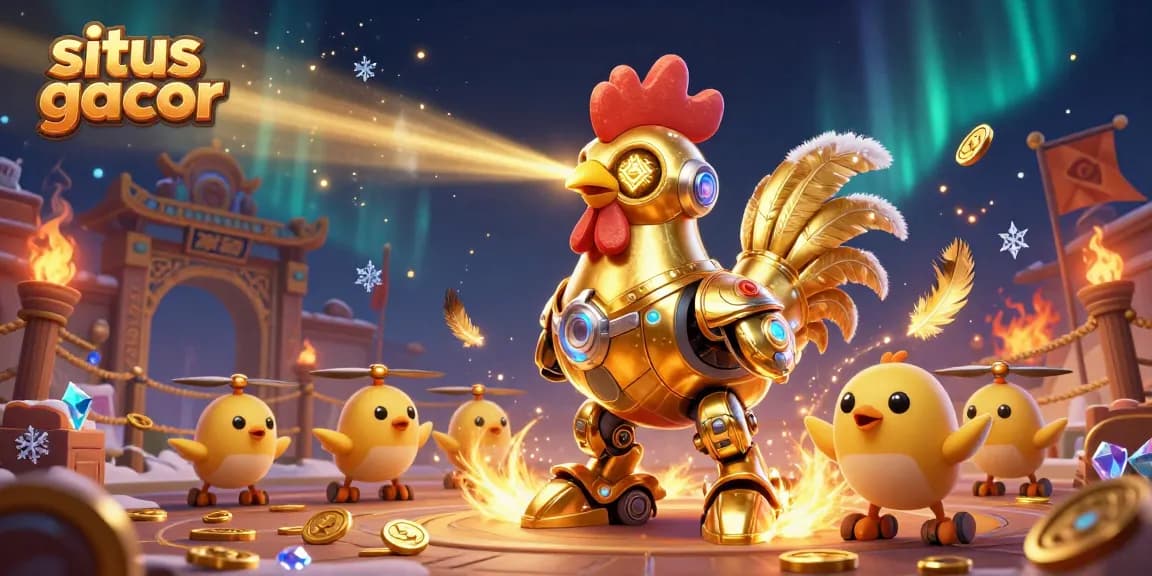 Engage with situs gacor as the golden rooster bot beams patterns, surrounded by gambling elements.