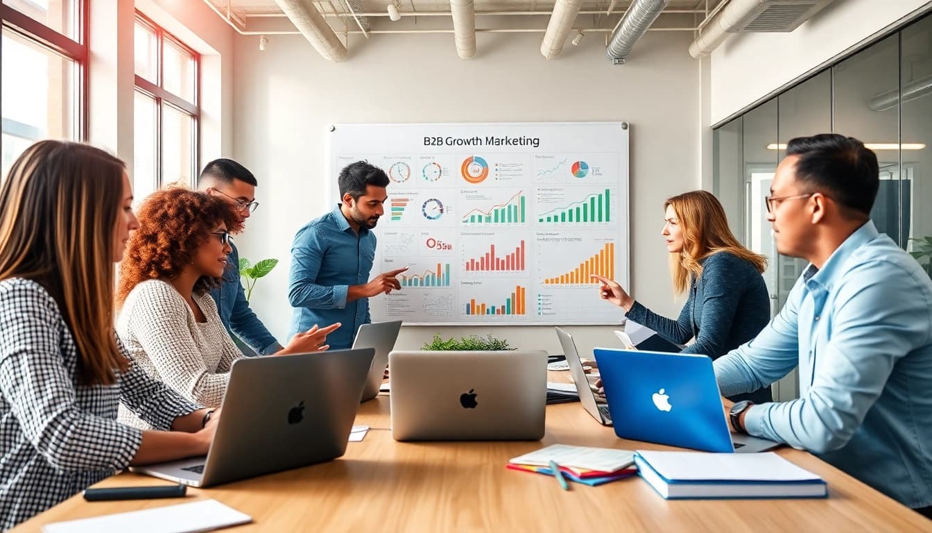 Team brainstorming effective b2b growth marketing strategies in a modern office.