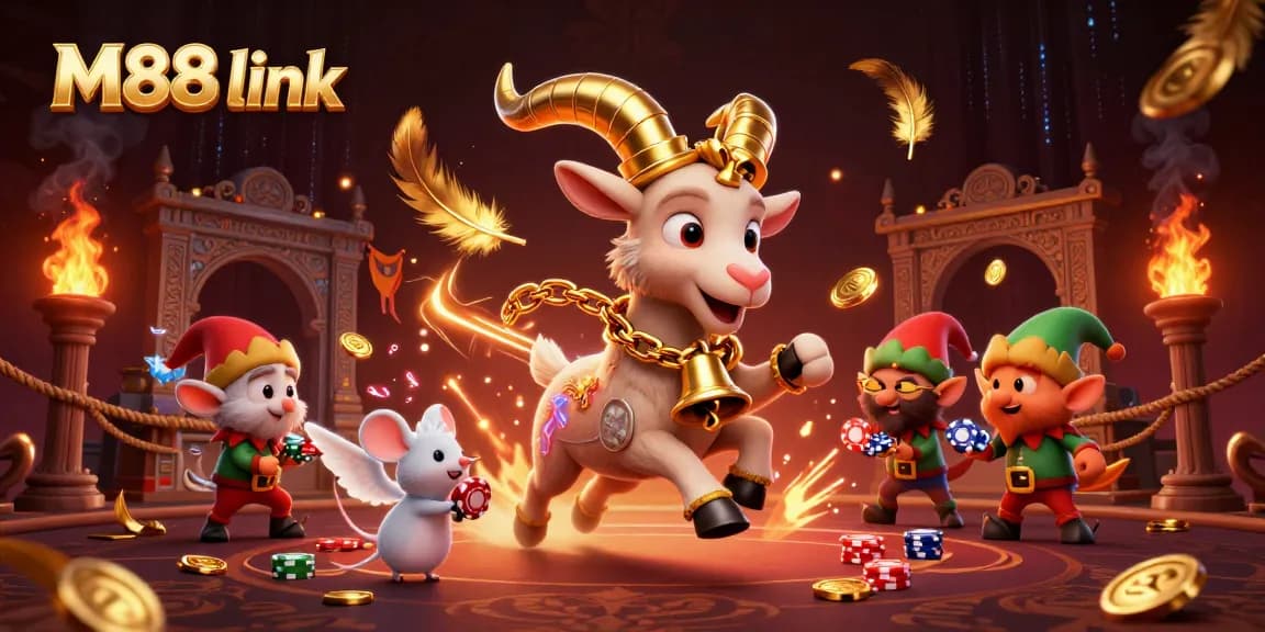 Experience the excitement of gambling with M88 link in this festive casino scene featuring unique characters.