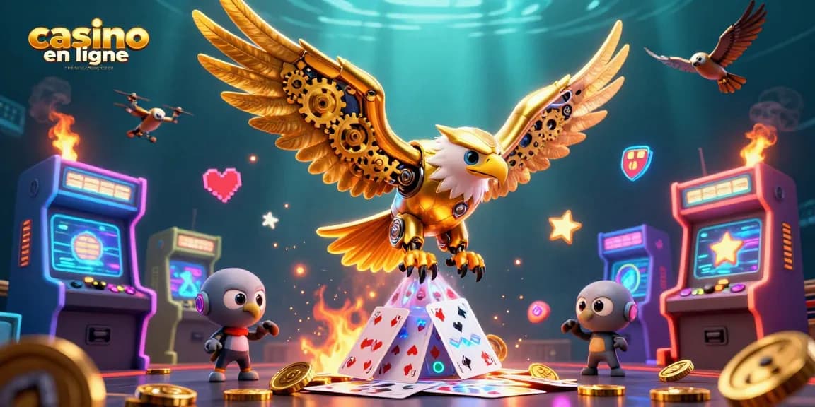 Jouez à casino en ligne retrait instantané avec un aigle cybernétique survolant des cartes holographiques.