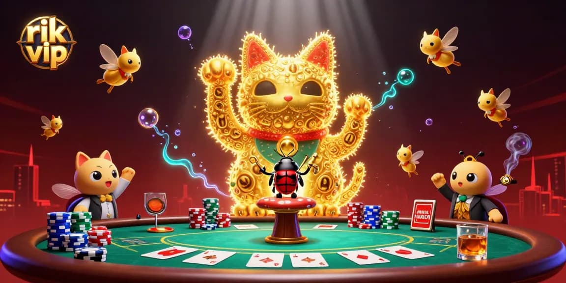 Experience the magic of rik vip as golden fireflies embody a lucky cat amidst vibrant casino elements.