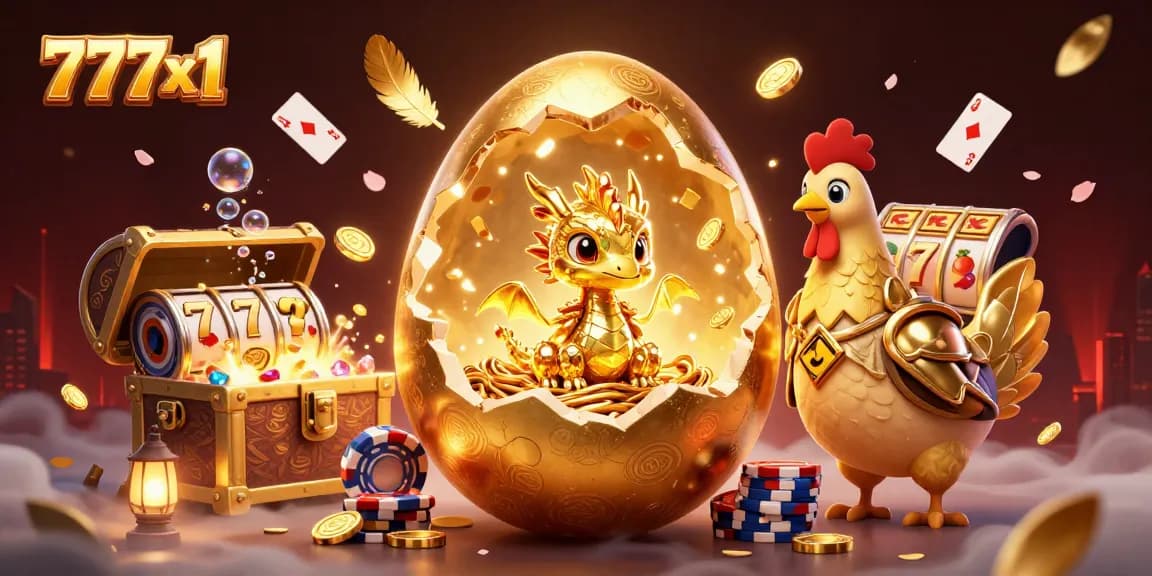 Experience the thrill of winning with 777x1 as a golden baby dragon emerges from a jackpot egg amidst vibrant casino elements.